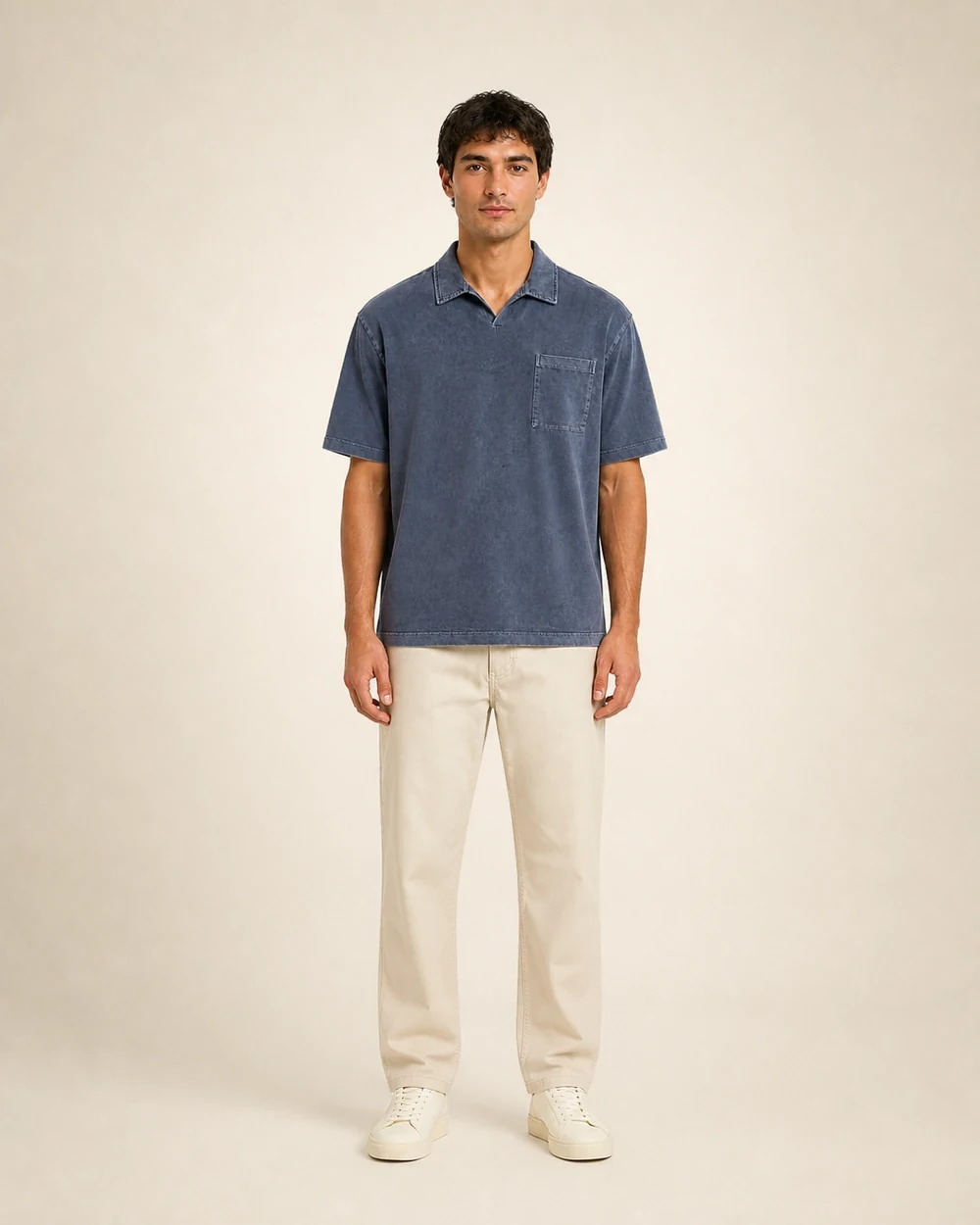 Foundry Polo in Washed Blue Grey shown in a product view