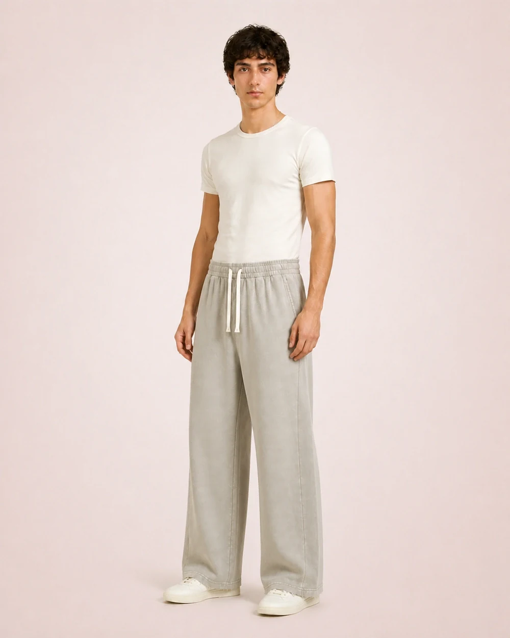 Rawline Pants shown in a full-length three-quarter model view in Waxed Grey Beige