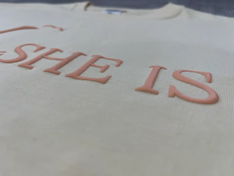 Close view of puff printing applied to apparel
