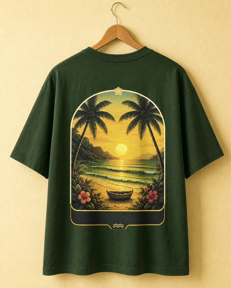 Green T-shirt showing a finished digital back print