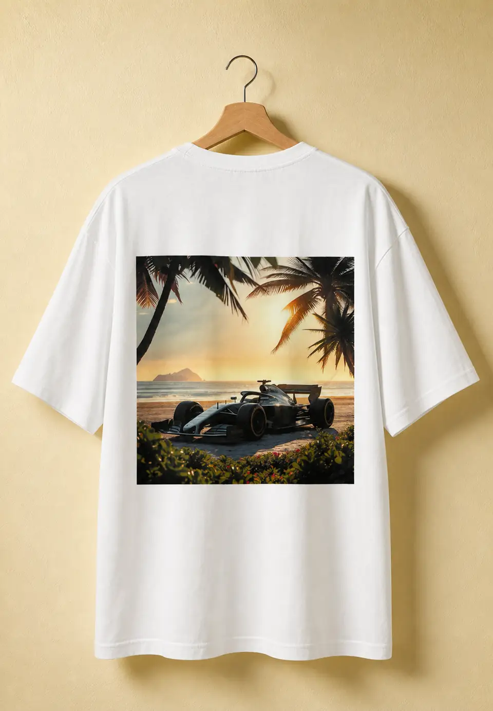 White T-shirt showing a detailed digital back print
