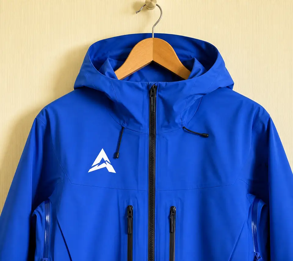 Heat transfer logo detail applied to a blue jacket