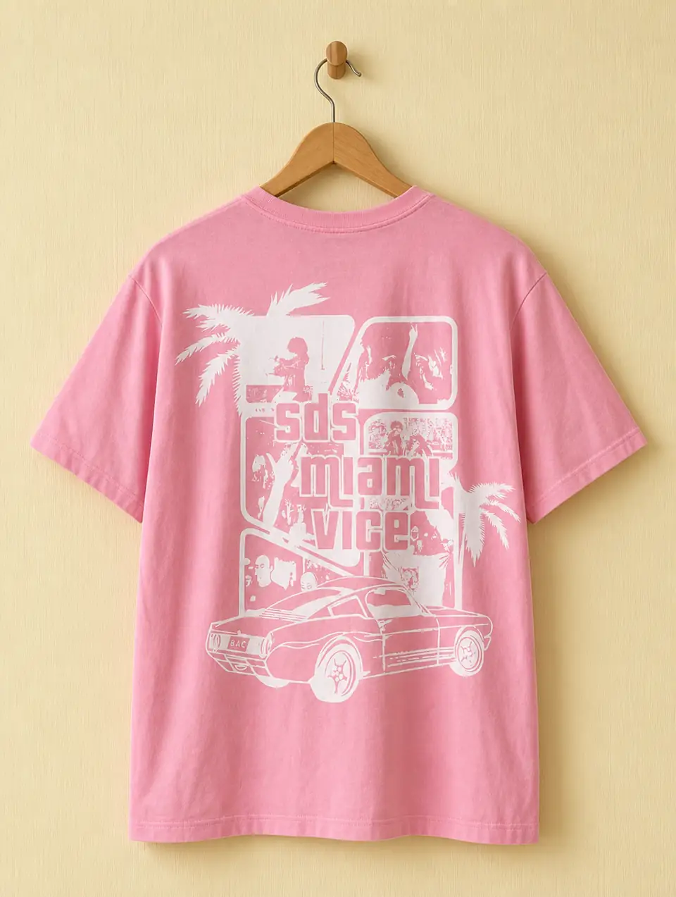 Pink shirt with a large heat transfer graphic on the back