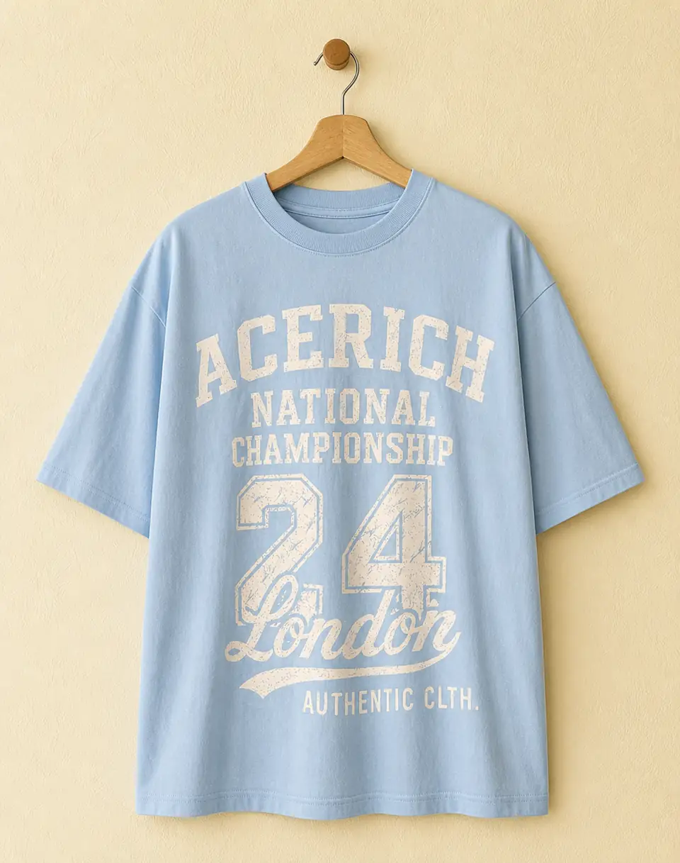 Light blue T-shirt with a finished screen printed graphic